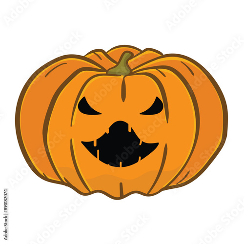 Vector icon for an angry Jack-O'-Lantern with a fierce expression. Hand-drawn orange pumpkin, showcasing a scary, sharp-toothed face perfect for spooky themes.