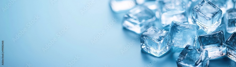 Fresh ice cubes arranged on a soft blue background, perfect for refreshing drinks and summer cocktails. Fresh ice cubes arranged on a soft blue background, perfect for refreshing drinks and summer cocktails.