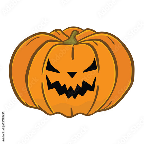 Vector icon for a mischievous Jack-O'-Lantern with a sly grin. Hand-drawn orange pumpkin with narrow eyes, symbolizing a playful and slightly evil Halloween character.