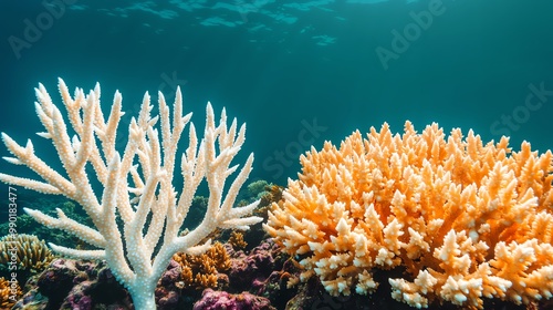 Fototapeta Naklejka Na Ścianę i Meble -  Dying coral reef with bleached coral next to vibrant marine life, coral bleaching, impact of rising ocean temperatures