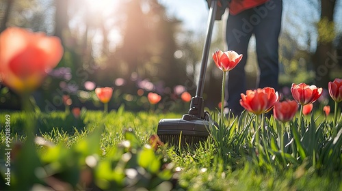 A Person Using a Handheld Garden Vacuum Near Red Tulips