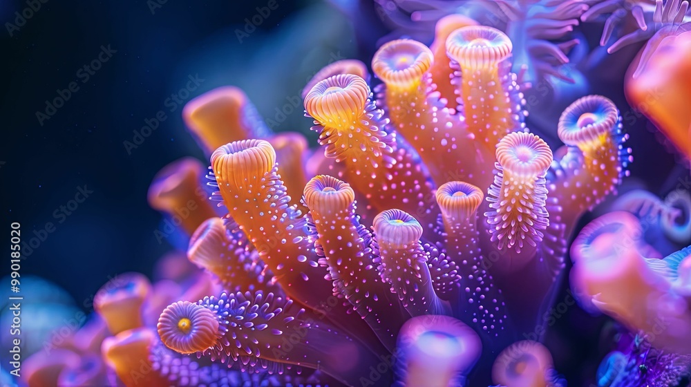 Fototapeta premium Close-up of vibrant orange and purple coral polyps underwater