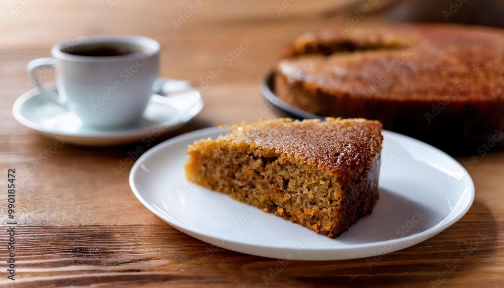 Delicious slice of cake with coffee on wooden table Delicious slice of cake with coffee on wooden table