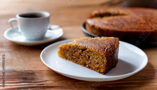 Delicious slice of cake with coffee on wooden table