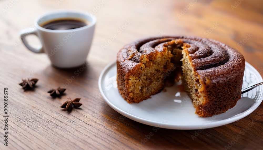 Freshly Baked Cake with Coffee on Wooden Table Freshly Baked Cake with Coffee on Wooden Table