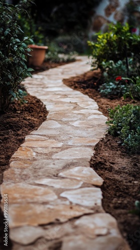 Winding Stone Path Through Lush Garden Setting