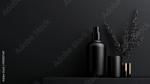 Stylish black bottles and a decorative plant on a dark background, adding a modern and minimalist touch to any decor.