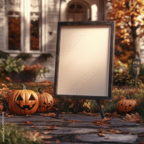 Blank template of square wooden welcome Halloween front yard sign, with seasonal decorated outdoor background. Trick or treat, October text frame, rectangualr border empty decor to place here designs
 photo