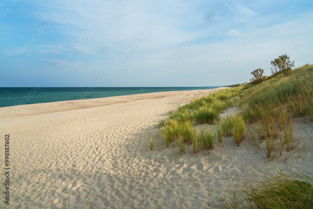 Long white sand beach in the Curonian Spit National Park. Kaliningrad region. Russia