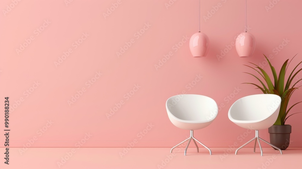 Chic pink room with cozy furniture, plant, and artwork. Modern Scandinavian living room with designer armchairs. Chic pink room with cozy furniture, plant, and artwork. Modern Scandinavian living room with designer armchairs.