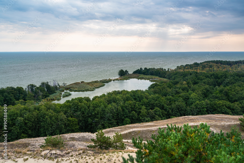 View of Swan Lake from observation deck on Olenya Buda dunes. Curonian Spit National Park. Russia