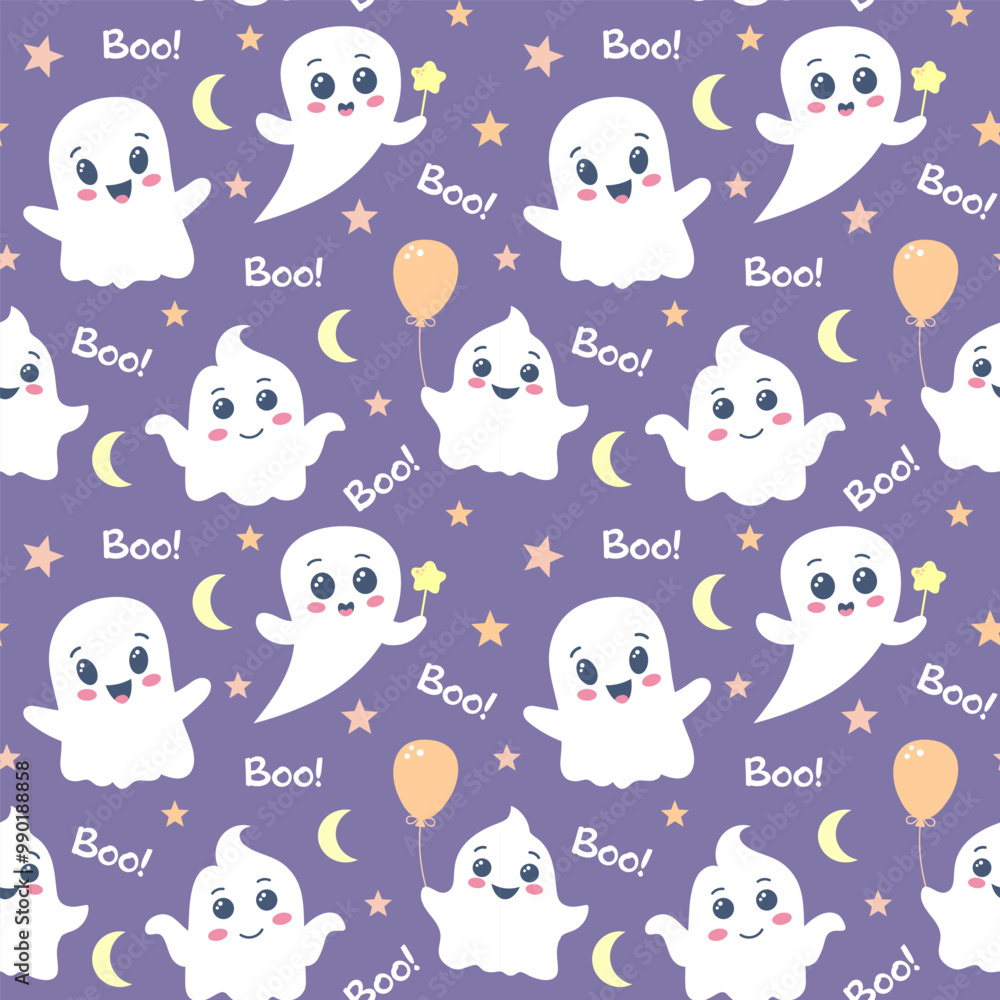 Obraz premium Cute ghosts seamless pattern. Halloween background. Spooky baby characters, stars, moon and boo text. 
