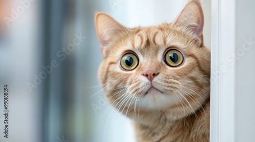 A cat looking out of a window with green eyes, AI