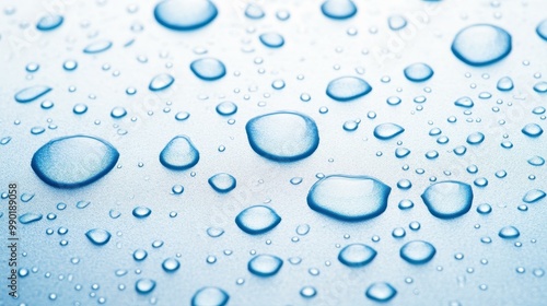 Captivating closeup of water droplets on a soft blue canvas, evoking freshness and tranquility in natures details.