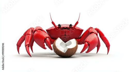 A vibrant digital illustration showcasing a coconut crab holding a split coconut against a crisp, white backdrop. photo