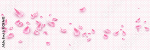 Pink flower petals flying isolated on transparent background. Vector realistic illustration of rose, sakura, japanese cherry blossom leaves in air, romantic floral decoration, delicate perfume aroma