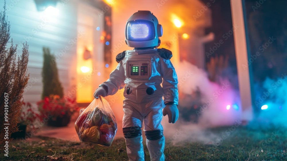 Cute White Boy in Robot Costume Trick-or-Treating in Spooky Yard with Fog Machine | Halloween Fun Concept Cute White Boy in Robot Costume Trick-or-Treating in Spooky Yard with Fog Machine | Halloween Fun Concept
