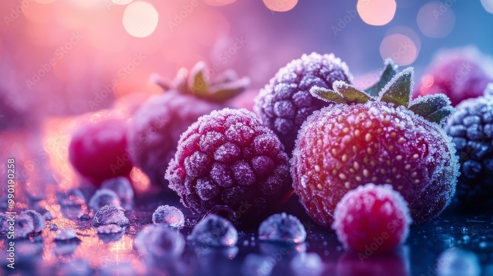 Mixed frozen berries and vegetables scattered on a neon-lit surface, futuristic, high contrast, photography, sharp focus on frost particles, with warm and cool tones creating Mixed frozen berries and vegetables scattered on a neon-lit surface, futuristic, high contrast, photography, sharp focus on frost particles, with warm and cool tones creating