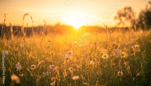 Sunlit Wildflower Meadow at Dusk with Warm Golden Light