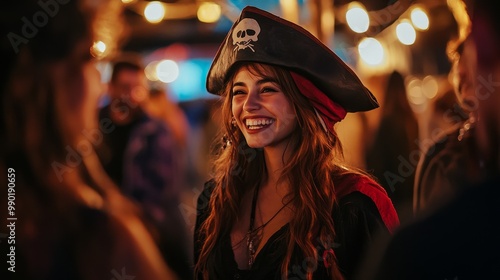 Joyful Latina Girl in Pirate Costume Laughing with Friends against Spooky Backdrop with Street Lamps Illuminated