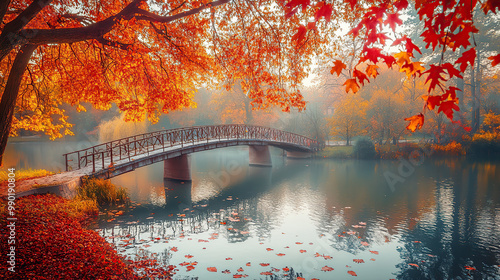 Autumn Landscape: Bridge and Reflections in Water photo