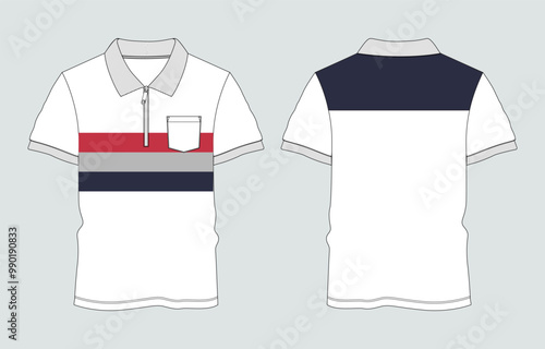 Short sleeve polo shirt with pocket technical drawing fashion flat sketch vector illustration template front and back views