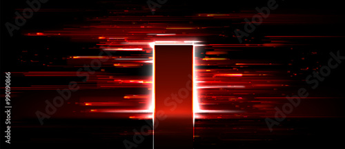 Open door on red glitch background. Vector realistic illustration of neon lines on black backdrop with futuristic portal, computer system error, cyber security network, information technology tunnel