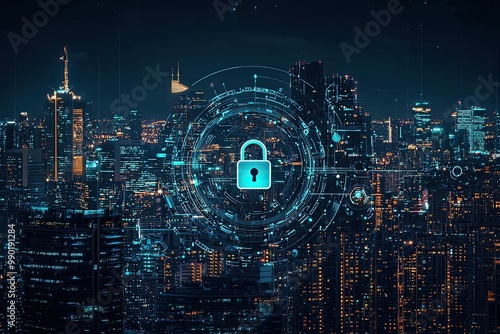 Cyber security concept with glowing padlock on digital city background