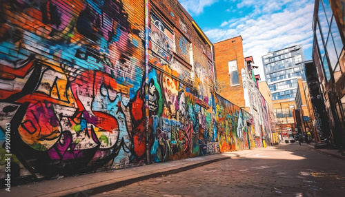 A graffiti-covered urban wall, showcasing vibrant colors, bold lines, and an edgy, artistic vibe