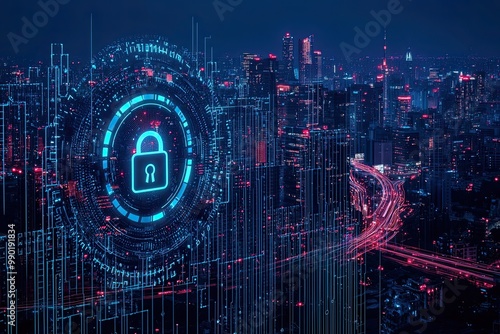 Cyber security concept with glowing padlock on digital city background