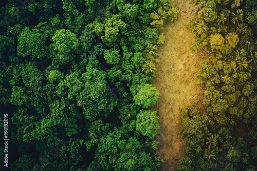 Panoramic view of green forest on the hillside in the morning