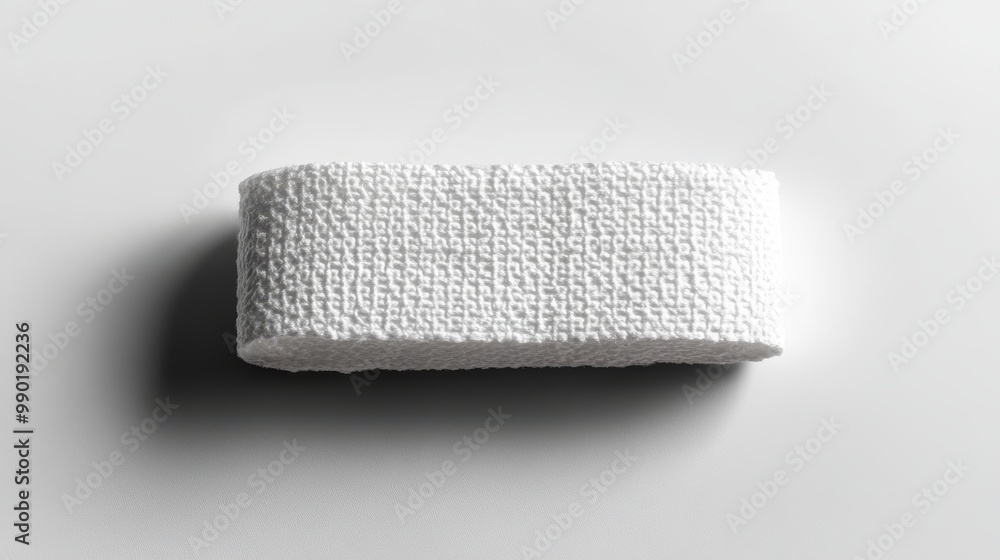 Obraz premium One medical bandage on white, emphasizing smooth fabric texture, central focus with sharp details and a clean, modern look, soft shadow underneath