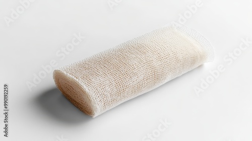 One medical bandage on white, emphasizing smooth fabric texture, central focus with sharp details and a clean, modern look, soft shadow underneath