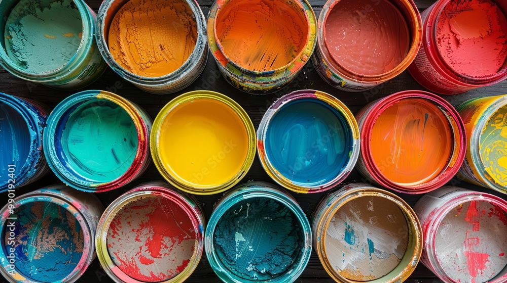 A Collection of Colorful Paint Cans with Dried Paint Inside A Collection of Colorful Paint Cans with Dried Paint Inside