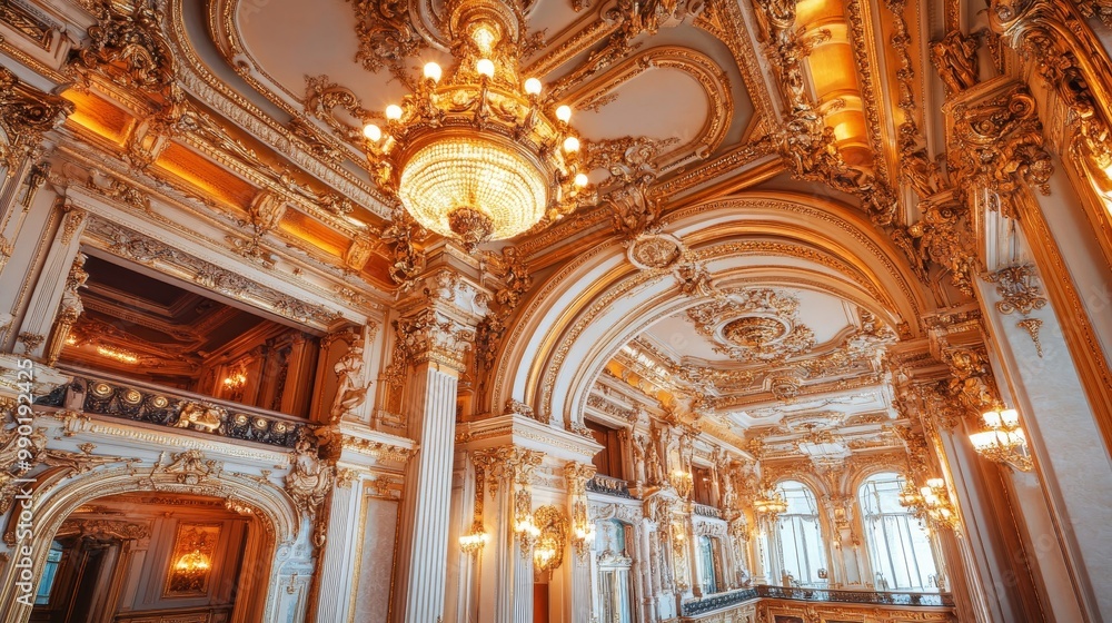 Obraz premium Ornate ceiling frame in an opulent ballroom, intricate carvings and golden accents, warm chandelier light reflecting off the detailed craftsmanship
