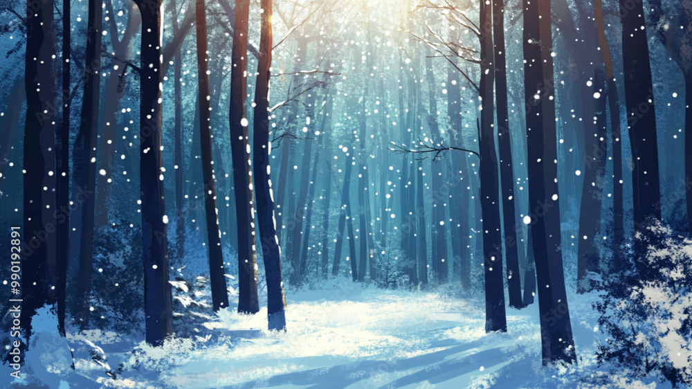 A snowy forest scene. Open towards the center. In a lineless, textured, simplified digital art style A snowy forest scene. Open towards the center. In a lineless, textured, simplified digital art style
