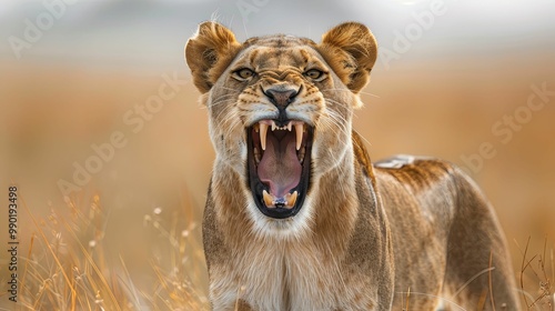 A Close-Up of a Lioness with a Ferocious Roar in the Savanna