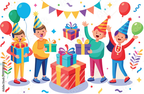 Group of happy children celebrating birthday party holding gifts