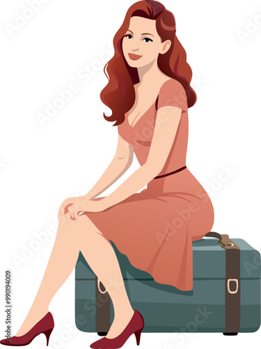 Elegant woman sitting on vintage suitcase waiting for departure