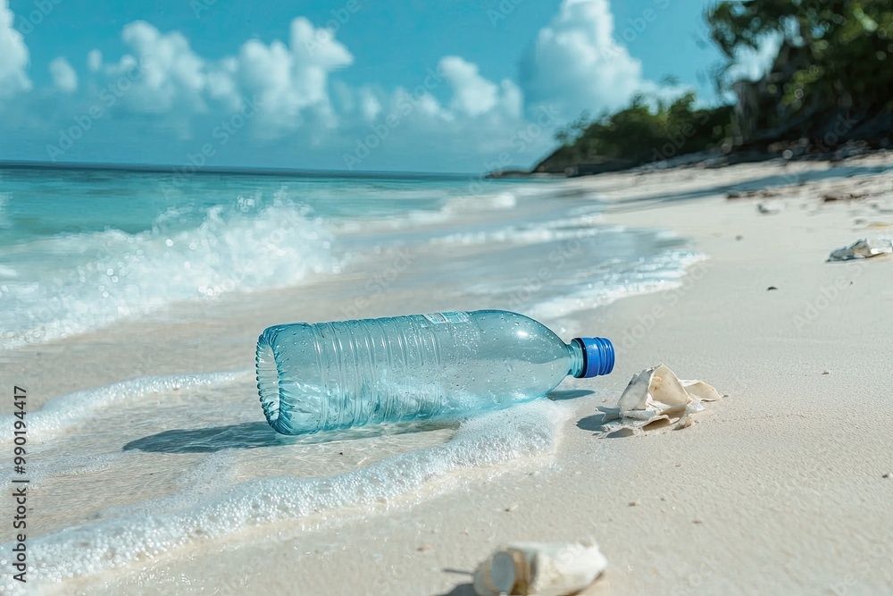 Plastic bottle on the beach. Concept of environmental pollution Plastic bottle on the beach. Concept of environmental pollution