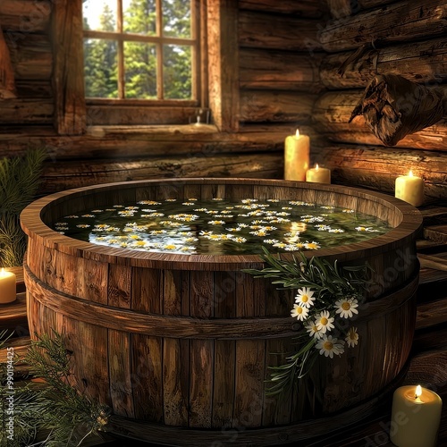 Bath filled with water with flower petals and herbs in a rustic wooden tub surrounded by candles in a cozy cabin photo