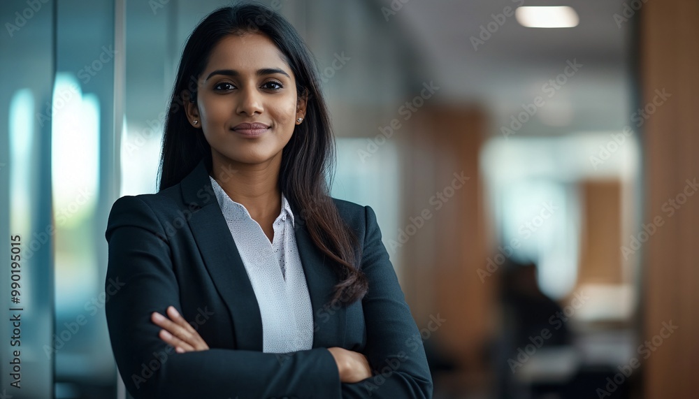 Confident business professional standing in an office with arms crossed, showcasing leadership and determination. Confident business professional standing in an office with arms crossed, showcasing leadership and determination.