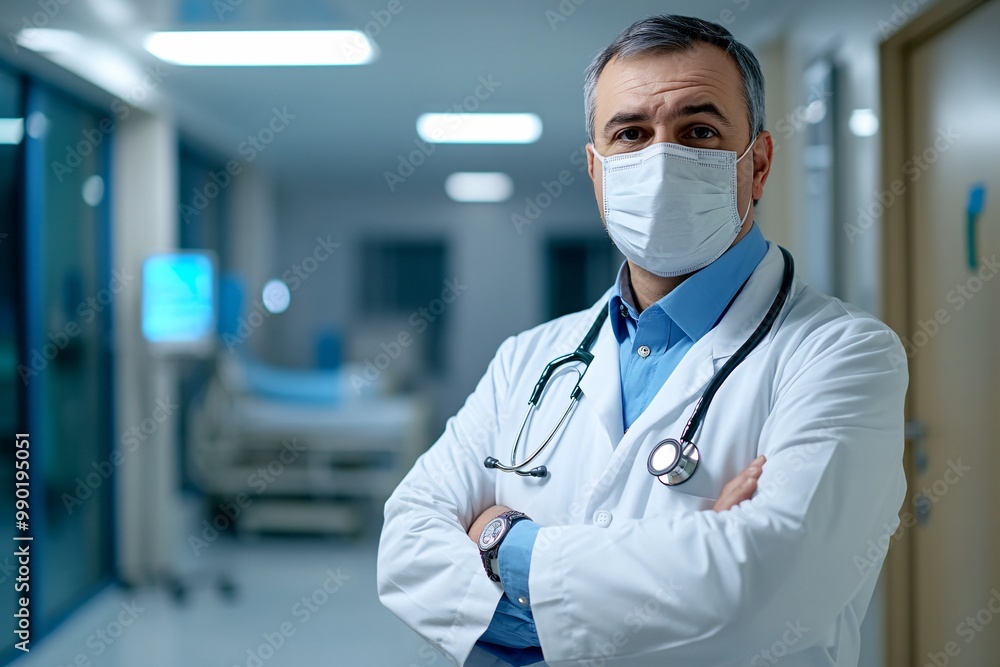Confident doctor in a hospital wearing a mask, ready to assist patients in a medical environment with modern equipment. Confident doctor in a hospital wearing a mask, ready to assist patients in a medical environment with modern equipment.