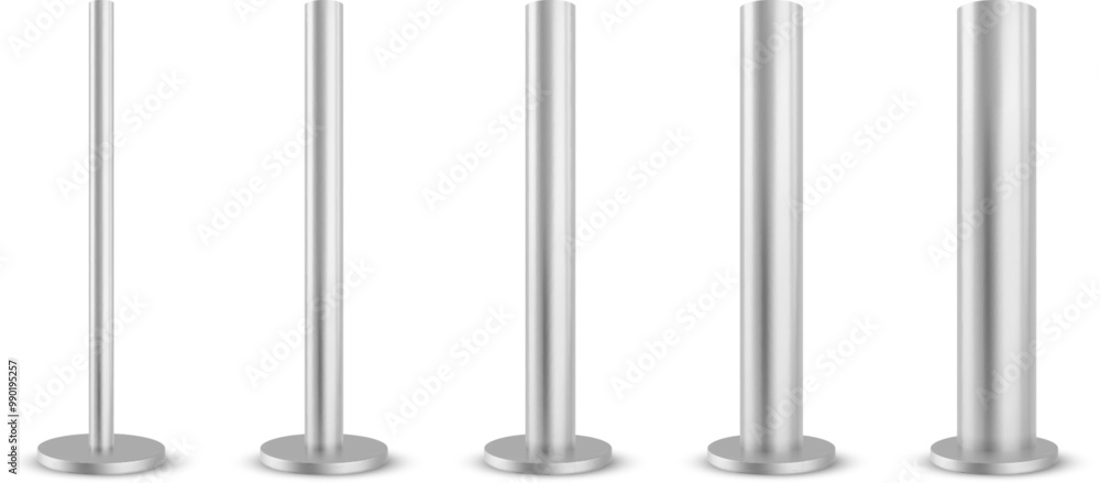 Metal poles set isolated on white background. Vector realistic illustration of stainless steel ads banner support, industrial iron column, construction equipment, iron banner stand, furniture leg Metal poles set isolated on white background. Vector realistic illustration of stainless steel ads banner support, industrial iron column, construction equipment, iron banner stand, furniture leg