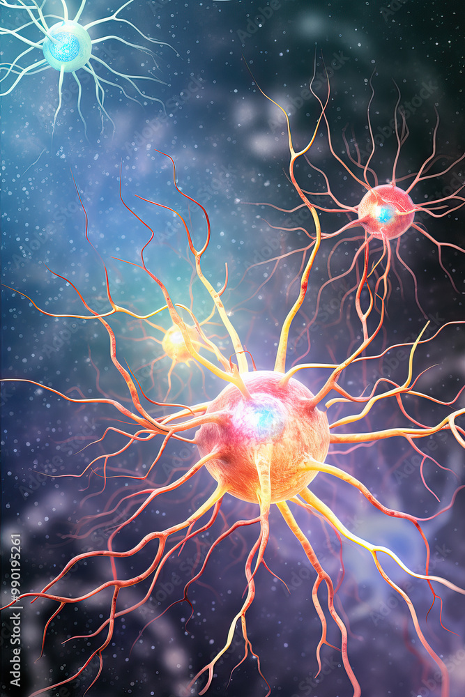 Stunning 3D Visualization of Neuron Cells Illuminated in Vibrant Colors, Human brain neuron, cognitive function, Nervous System Stunning 3D Visualization of Neuron Cells Illuminated in Vibrant Colors, Human brain neuron, cognitive function, Nervous System