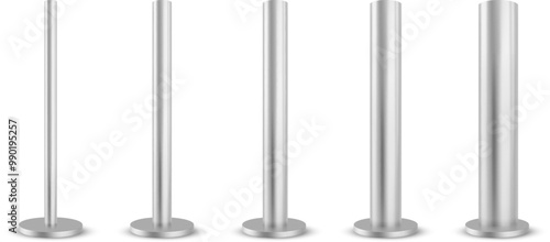 Metal poles set isolated on white background. Vector realistic illustration of stainless steel ads banner support, industrial iron column, construction equipment, iron banner stand, furniture leg