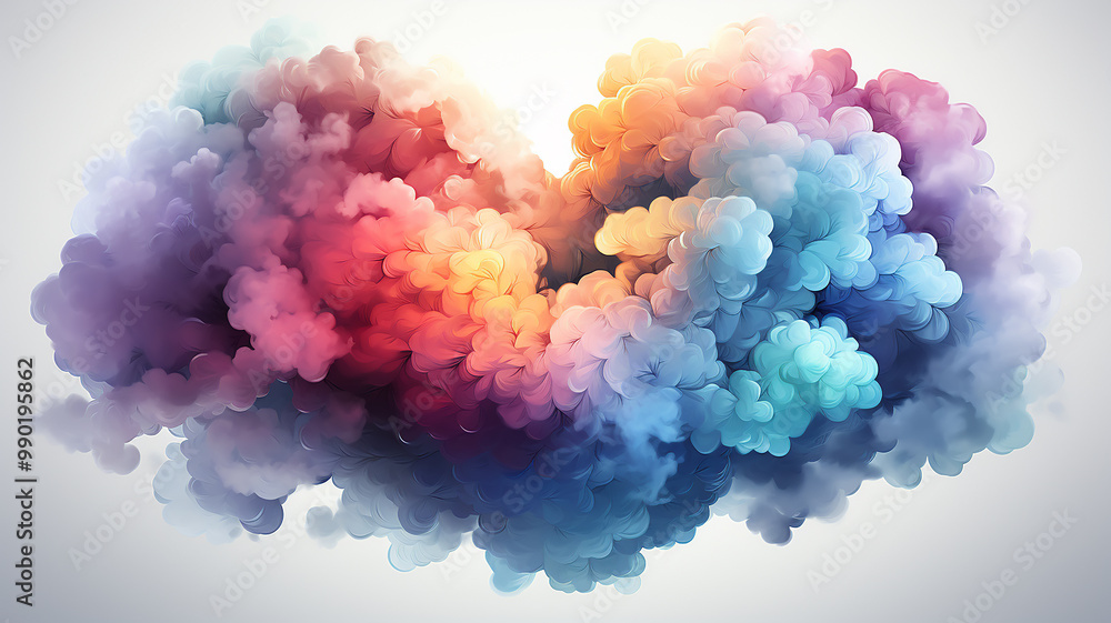 Fototapeta premium Multicolored heart of colorful clouds, romantic bright greeting card for Valentine's Day on February 14th, a symbol of love