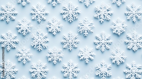 White snowflakes on a plain white or blue background, highlighting their unique symmetrical patterns. SEAMLESS PATTERN. SEAMLESS WALLPAPER.