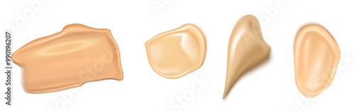 Foundation cream swatches set isolated on white background. Vector realistic illustration of light beige concealer samples, makeup cosmetic product, natural beige color strokes palette, glossy texture