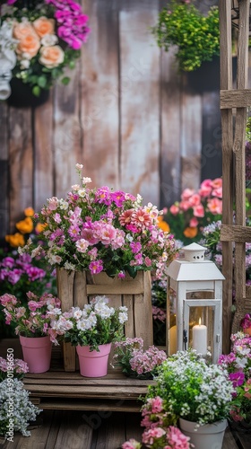 This charming display features potted flowers and a lantern, perfect for Mother’s Day